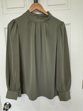 Blouse Mock Neck Puff Sleeve Long Sleeve Olive Army Green Medium Lightweight